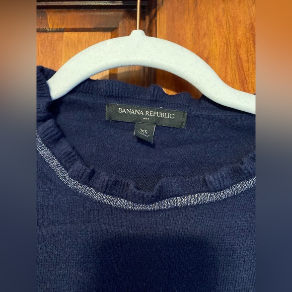 Banana Republic Factory Navy Blue Ruffle Crew Neck Sweater Silver Metallic XS - Picture 3 of 6